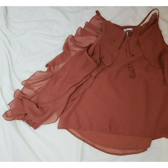 Fourteenth Place Rust Red Orange Cold Shoulder Long Ruffle Sleeved Top S EUC - Picture 3 of 3